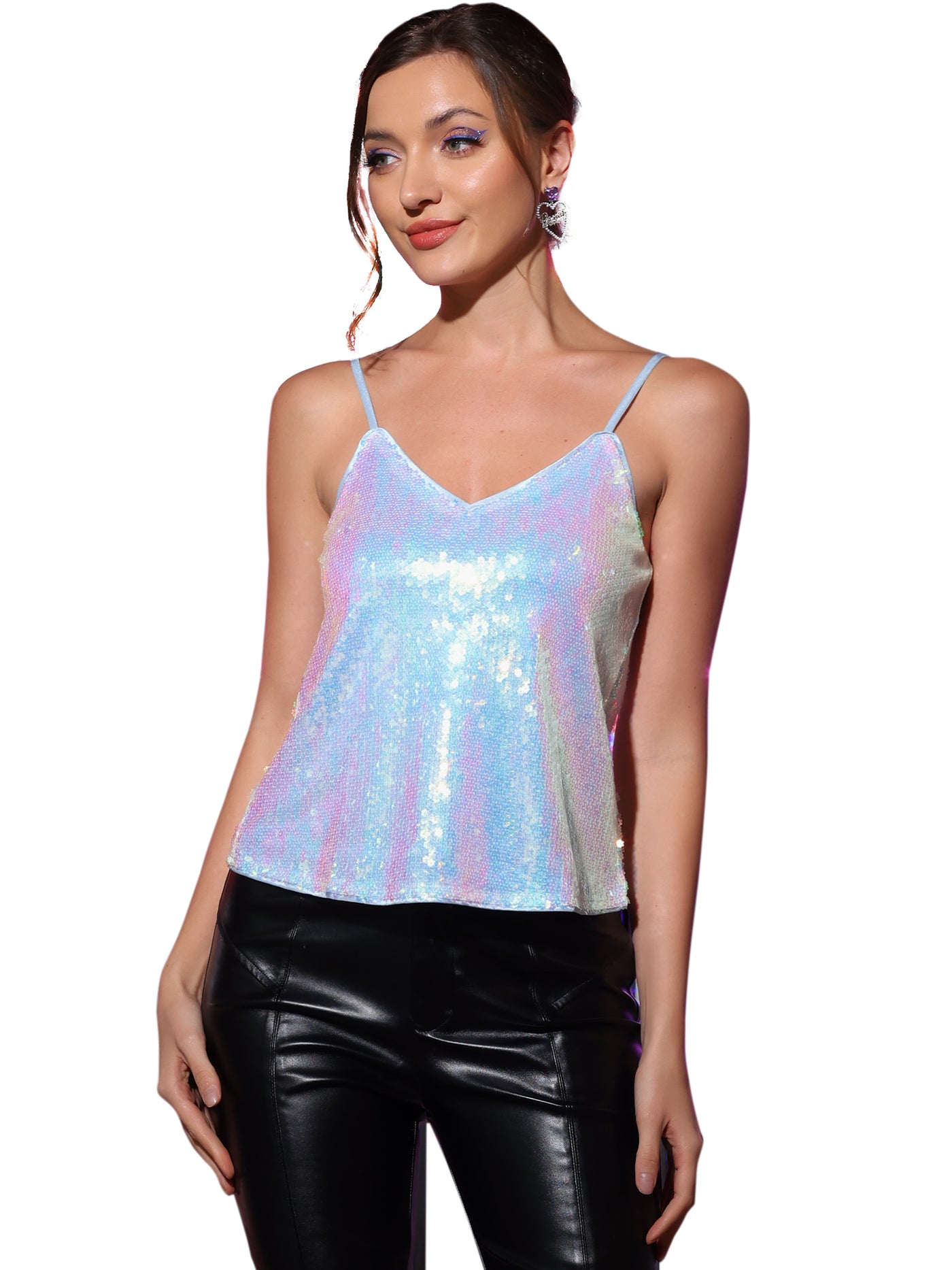 Allegra K Sequined Camisole Club Party Glitter Disco Sparkle Cami Top
