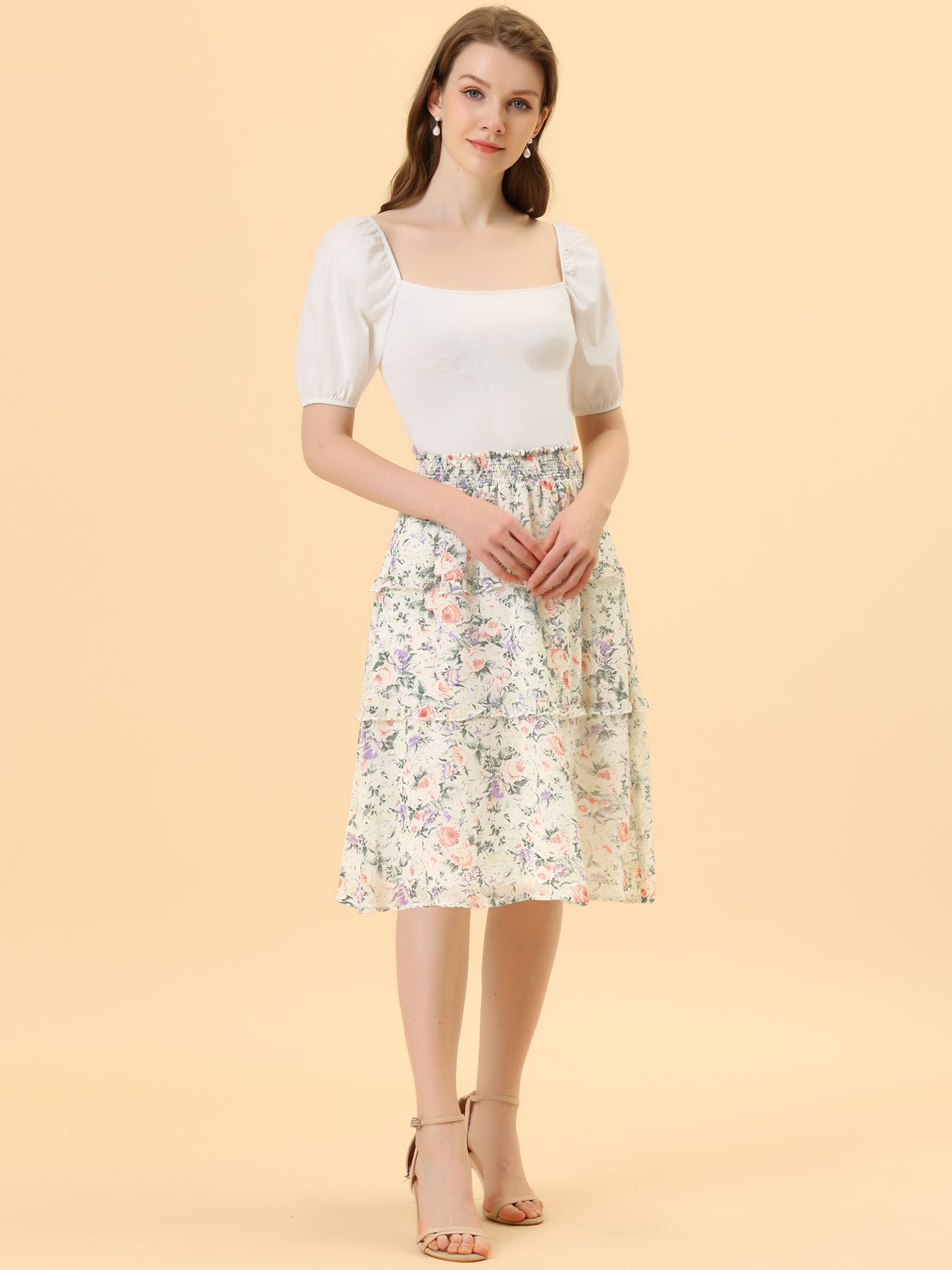 Allegra K Floral Smocked Elastic Waist Knee Length Ruffle Tiered Skirt