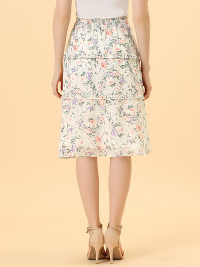 Floral Smocked Elastic Waist Knee Length Ruffle Tiered Skirt