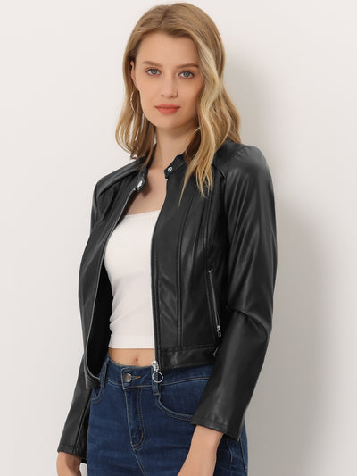 Allegra K Faux Leather Jacket Zip Up Slim Fit Long Sleeve Moto Biker Coat
