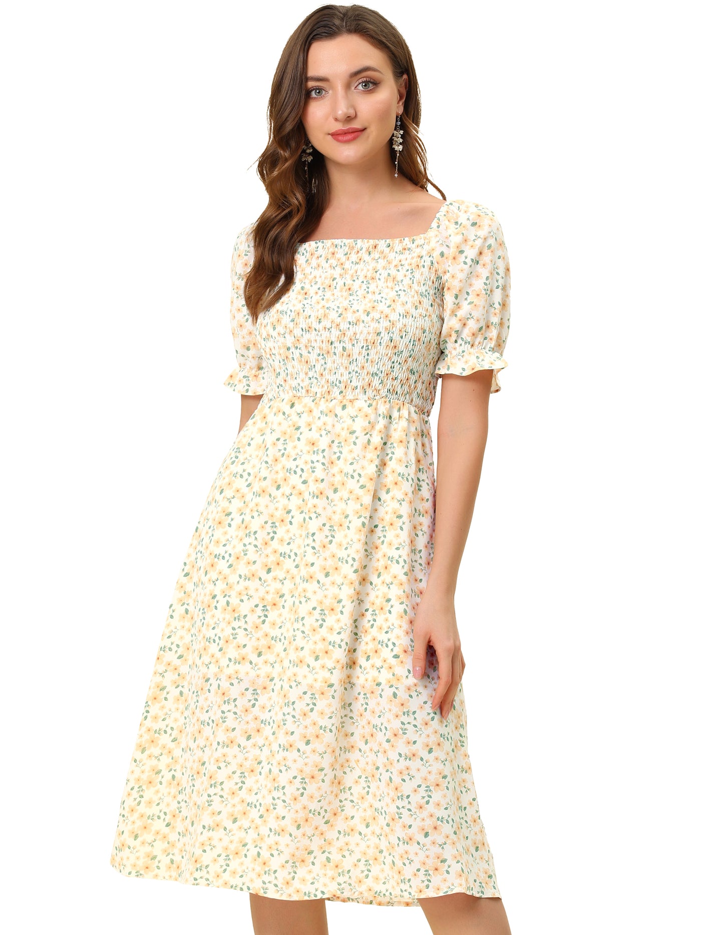 Allegra K Square Neck Puff Sleeve Shirred Floral Casual Midi Dress