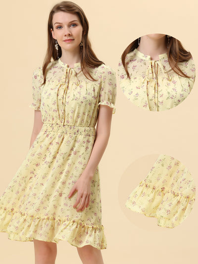 Floral Smocked Tie Neck Puff Sleeve Ruffle Chiffon Tiered Dress