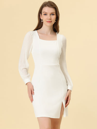 Allegra K Elegant Mesh Sleeve Split Side A-Line Casual Square Neck Dress