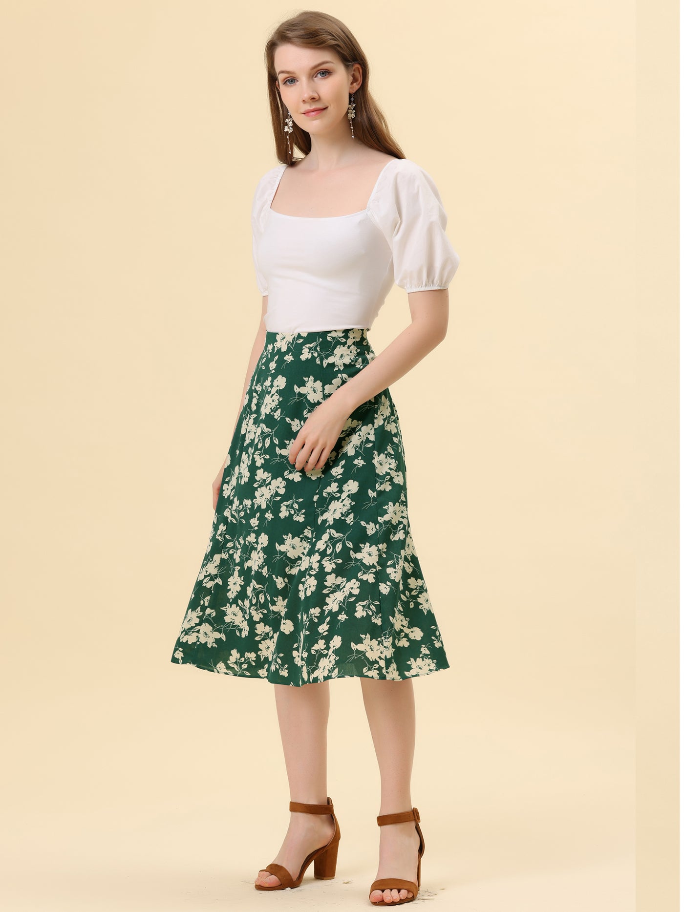 Allegra K Floral Midi Peasant Elastic Waist A-Line Ditsy Leave Print Skirt