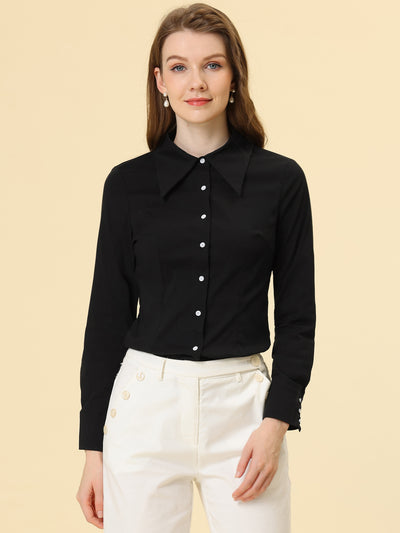 Allegra K Work Office Button Down Shirt for Point Collar Long Sleeve Top