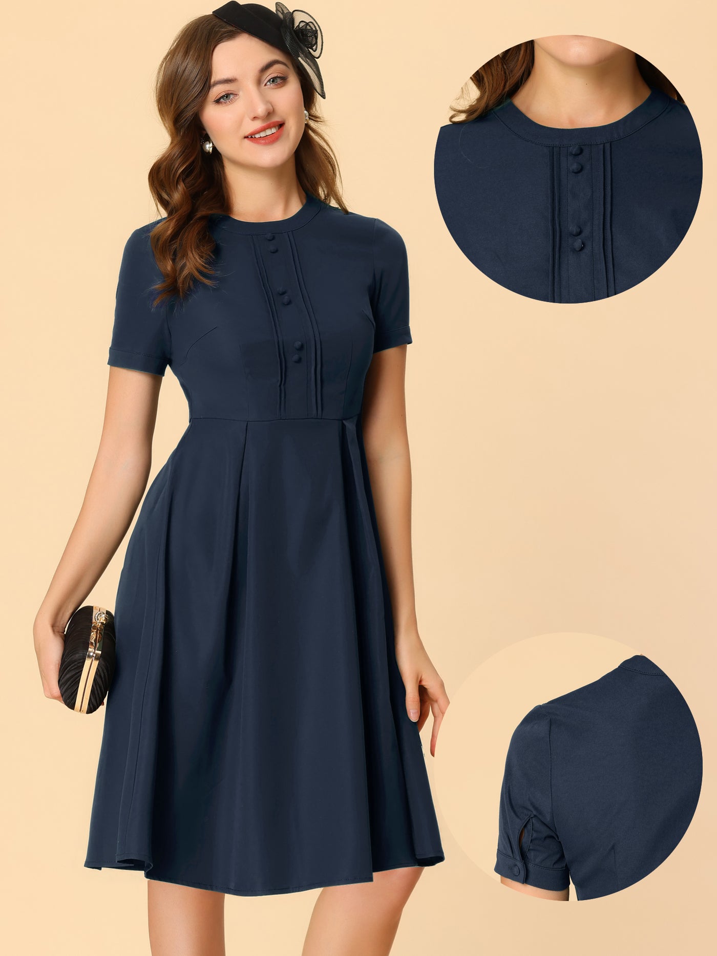 Allegra K Vintage Dress for Women's Round Neck Short Sleeve Pleated 1950s Midi Dress