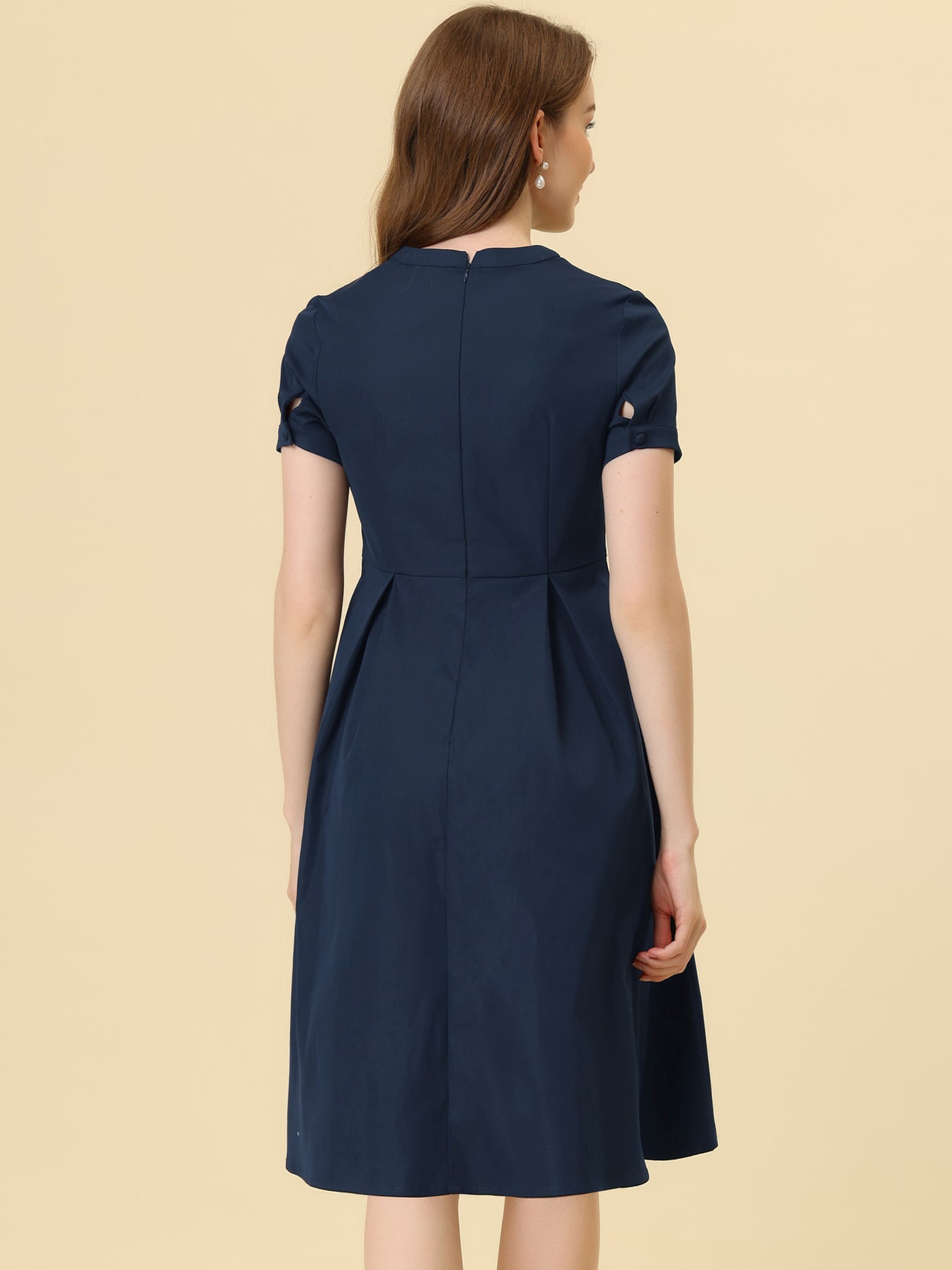 Allegra K Vintage Round Neck Short Sleeve Pleated 1950s Midi Dress