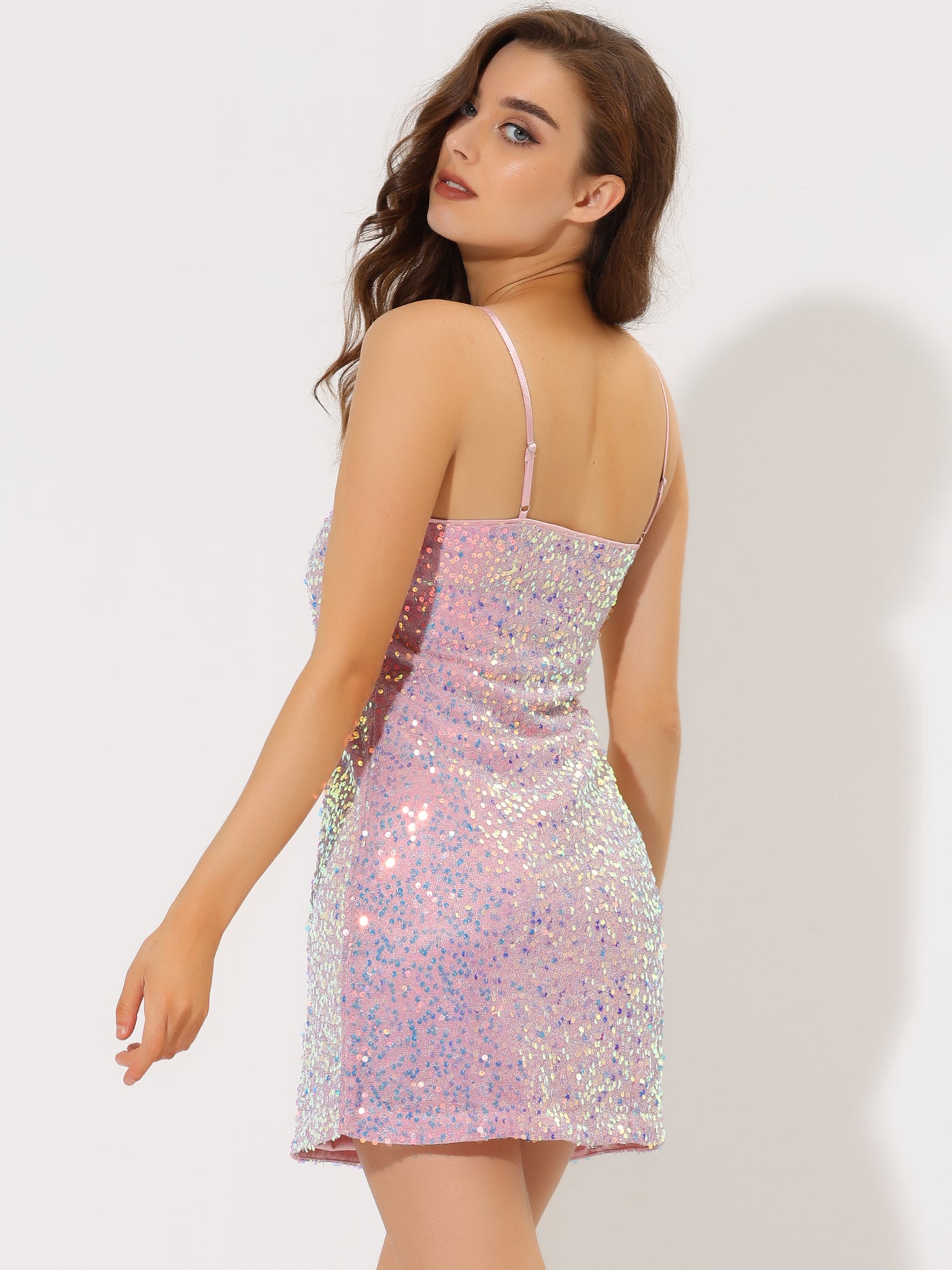 Allegra K Glitter Sequin V Neck Spaghetti Strap Mini Party Dress