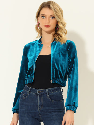 Allegra K Velvet Stand Collar Long Sleeve Crop Zip Up Jacket