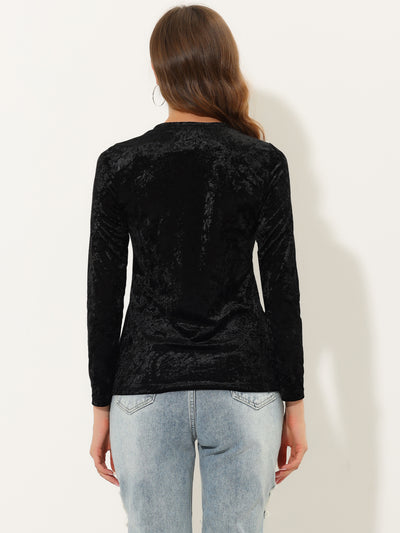Casual Round Neck Stretchy Long Sleeve Velvet Solid Blouse
