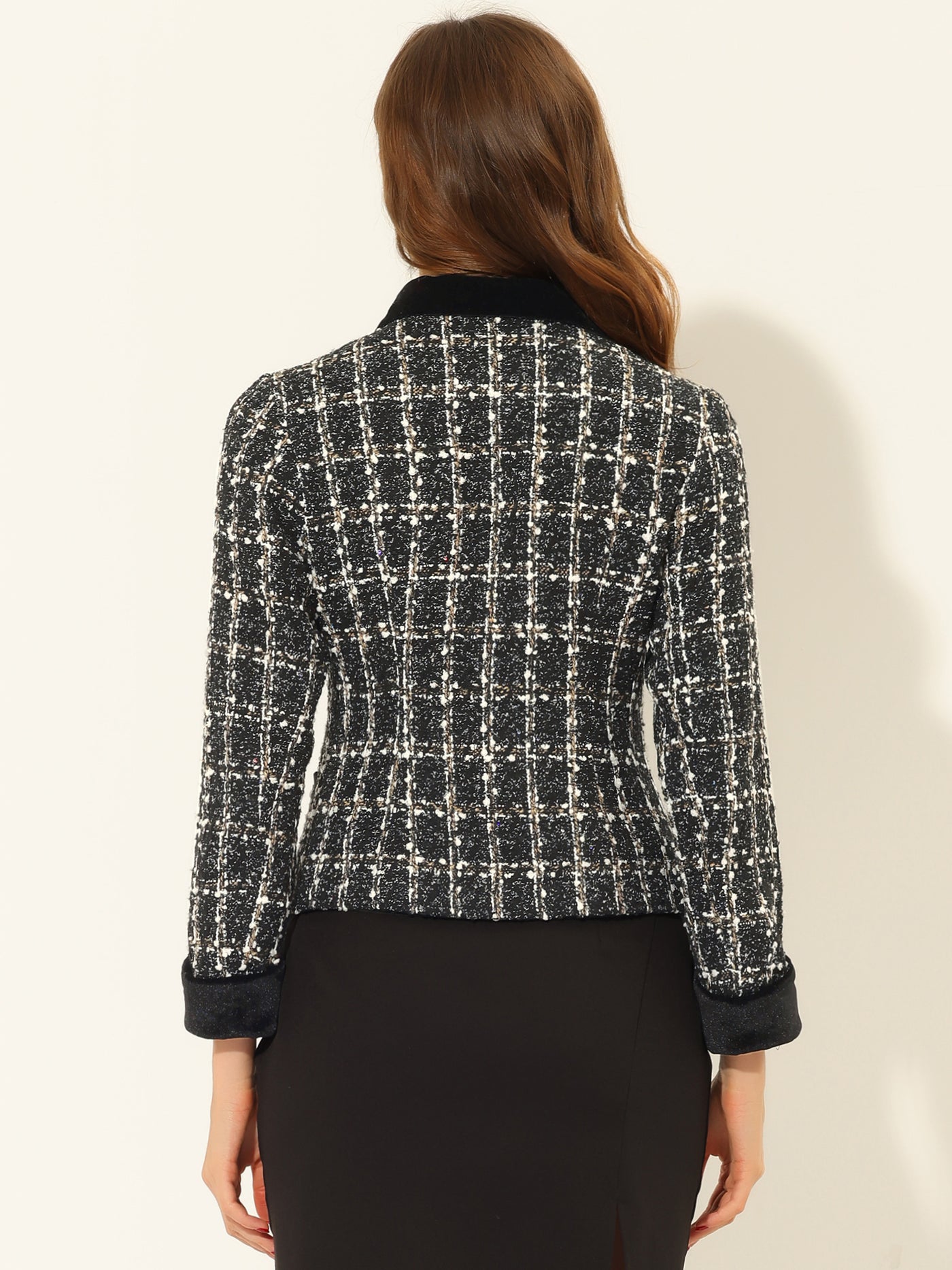 Allegra K Winter Elegant Vintage Plaid Tweed Office Short Jacket Blazer