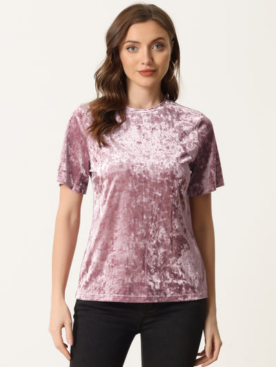 Allegra K Casual Velvet Top for Solid Round Neck Short Sleeve T-Shirt