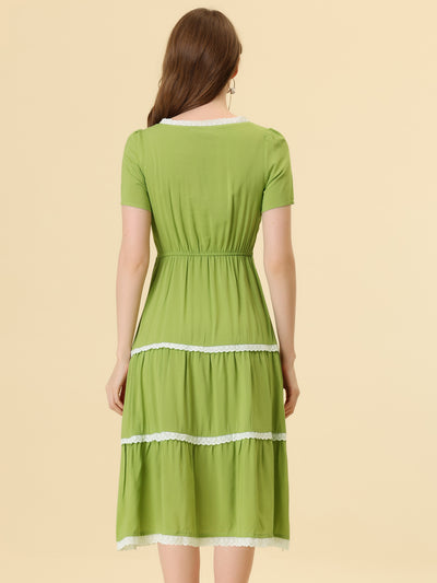 Elegant Midi Short Sleeve Tiered Square Neck Long Dress