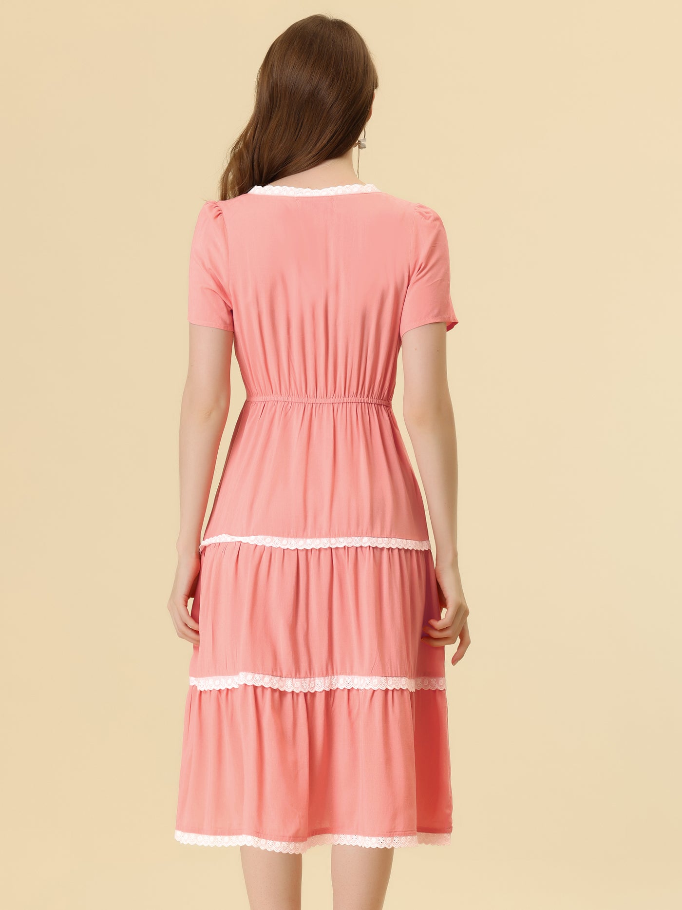 Allegra K Elegant Midi Short Sleeve Tiered Square Neck Long Dress