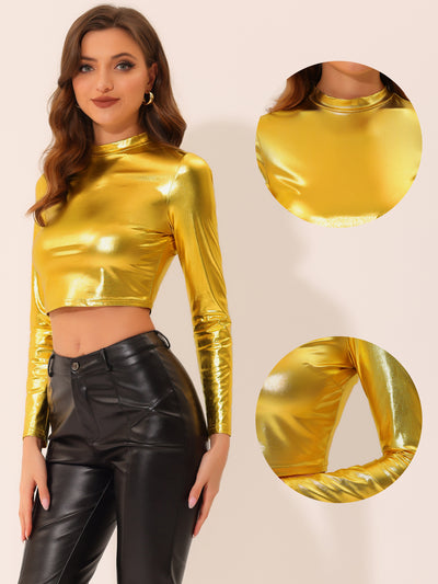 Metallic Long Sleeve Shiny Disco Party Slim Fitted Crop Blouse