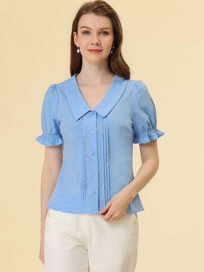 Allegra K Button Down Shirt for Pleated Short Sleeve V Neck Top