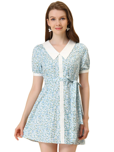 Cotton Collared Floral Print Button Down Belted Waist Shirt Dress