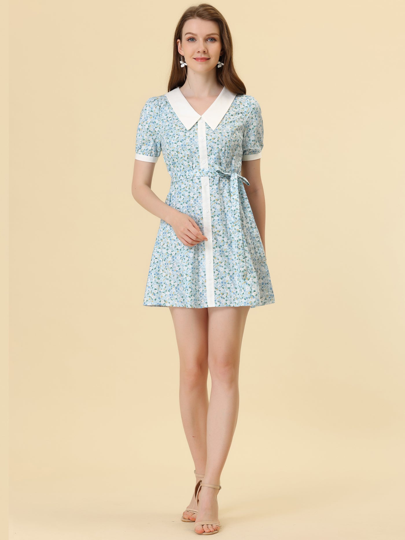 Allegra K Cotton Collared Floral Print Button Down Belted Waist Shirt Dress