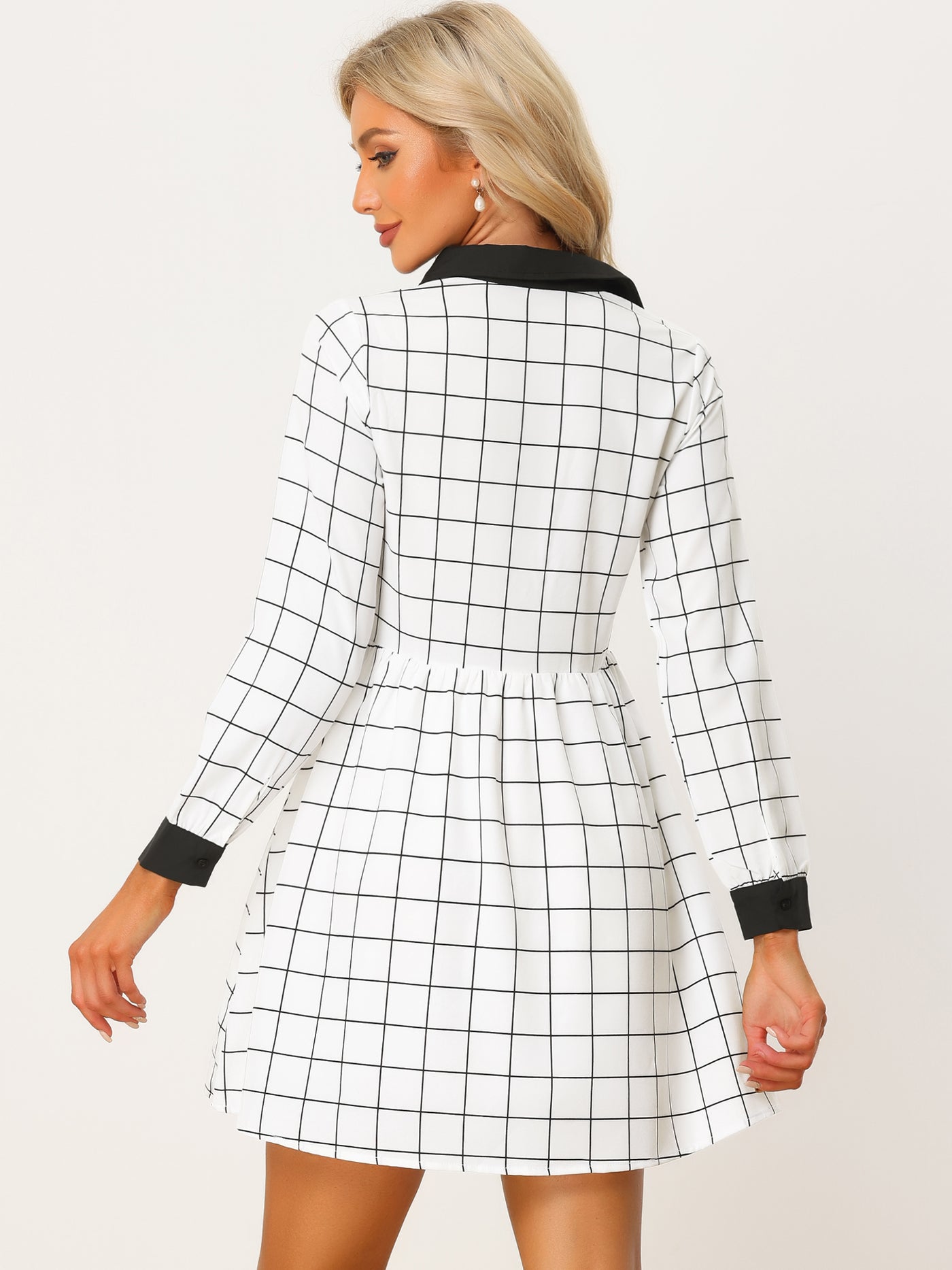 Allegra K Casual Grid Plaid Long Sleeve Contrast Color Collared Shirt Dress