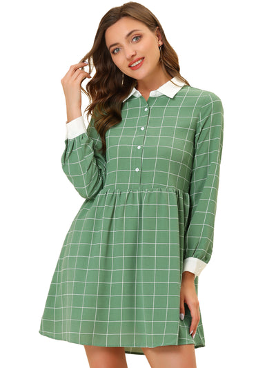 Casual Grid Plaid Long Sleeve Contrast Color Collared Shirt Dress