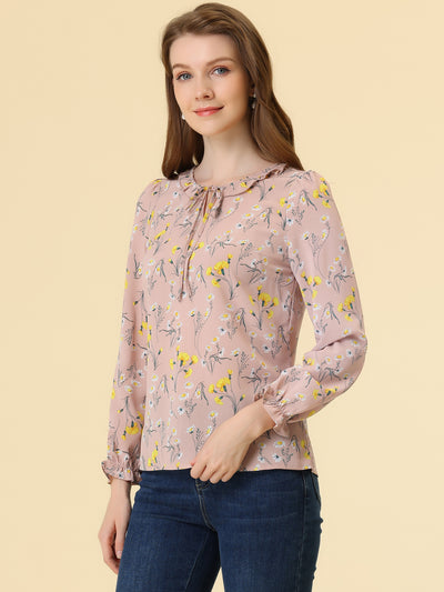 Floral Tie Neck Long Sleeve Frilly Trim Keyhole Casual Chiffon Blouse