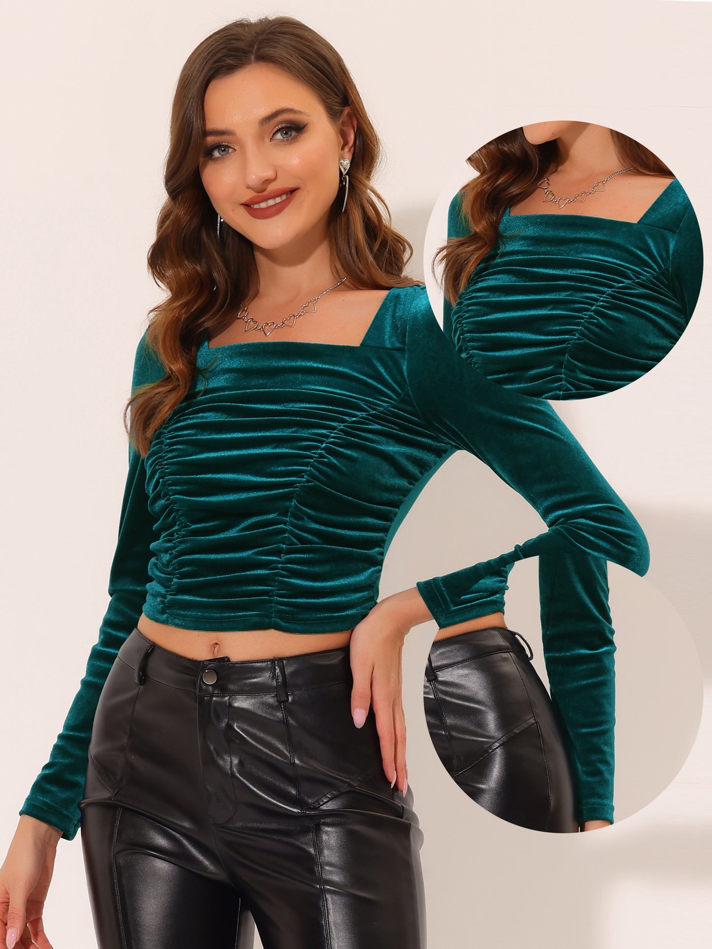 Allegra K Casual Velvet for Ruched Front Square Neck Long Sleeve Crop Top