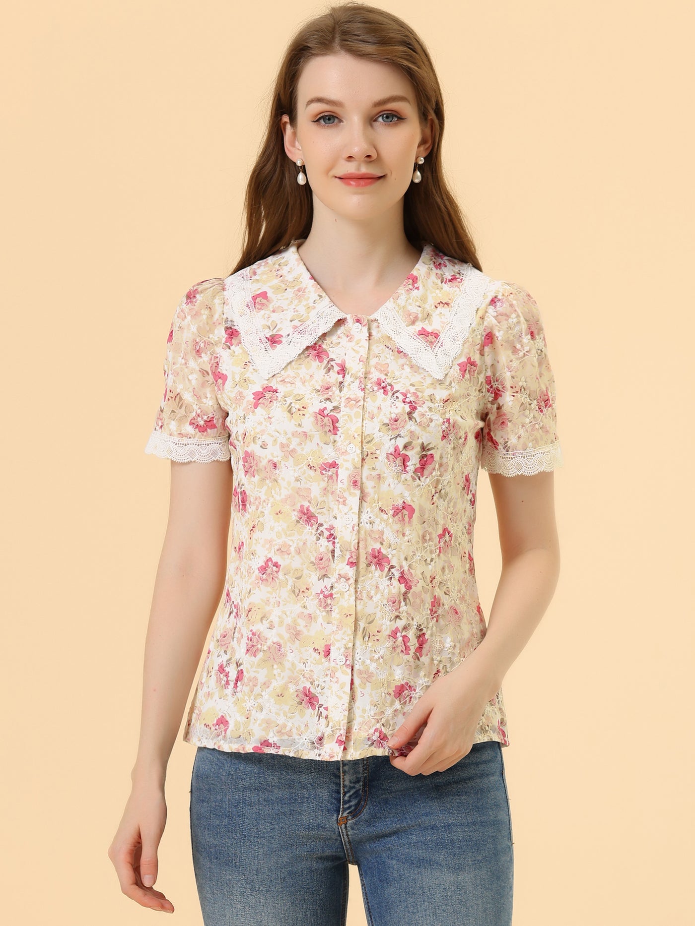 Allegra K Women's Peter Pan Collar Shirt Lace Embroidered 1940s Vintage Peasant Floral Blouse