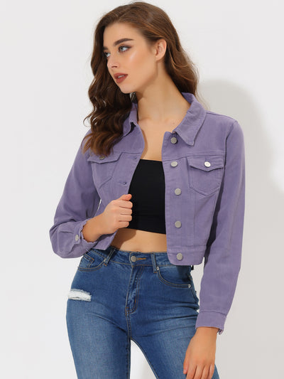 Button Down Long Sleeve Casual Cropped Denim Jacket