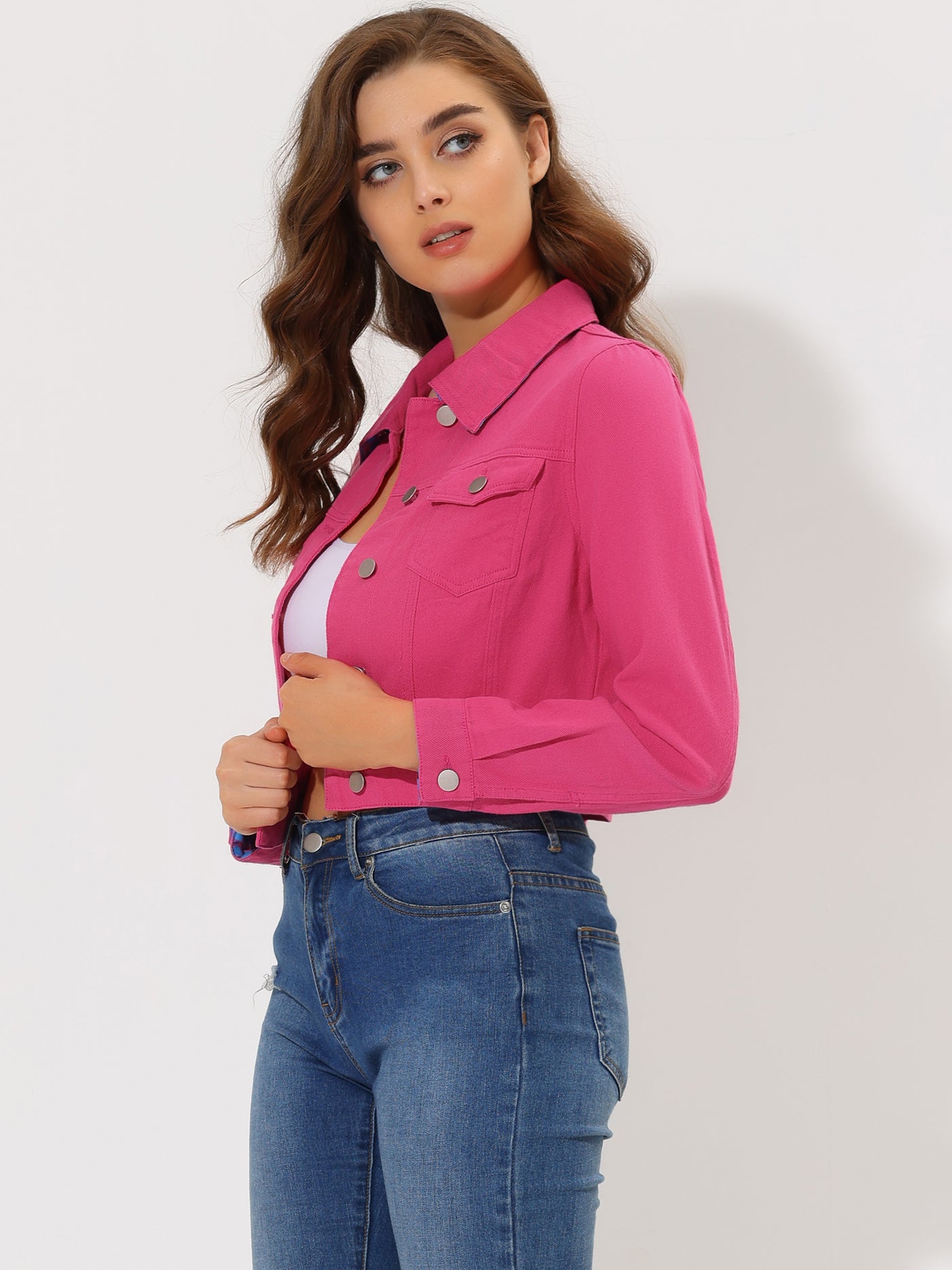 Allegra K Button Down Long Sleeve Casual Cropped Denim Jacket