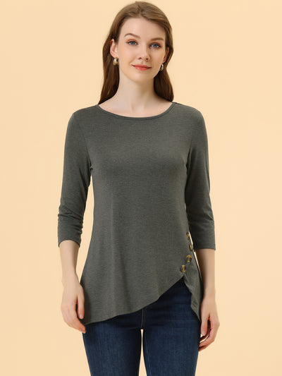 Round Neck 3/4 Sleeve Button Decor Stretchy Tunic Tops