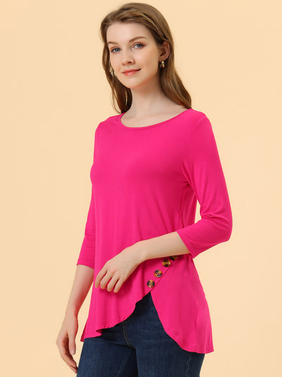 3/4 Sleeve Round Neck Button Decor Casual Stretchy Tunic Tops