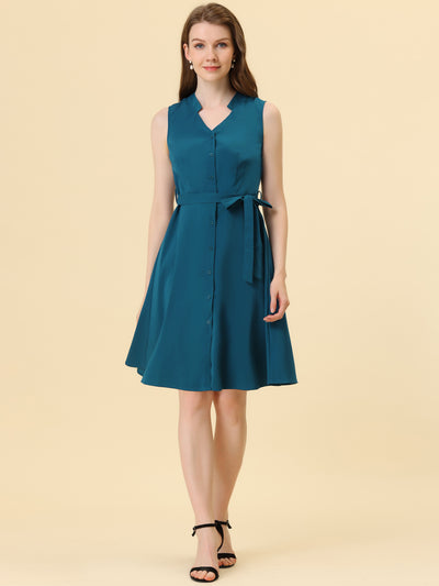 Sleeveless Shirtdress with Belted V Neck Office Button Down Dress