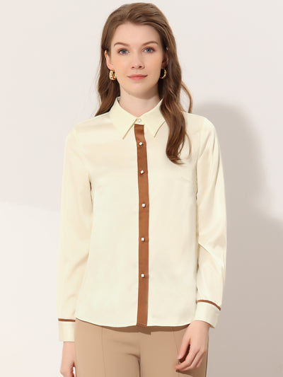 Work Office Long Sleeve Contrast Trim Button Up Satin Blouse Shirt