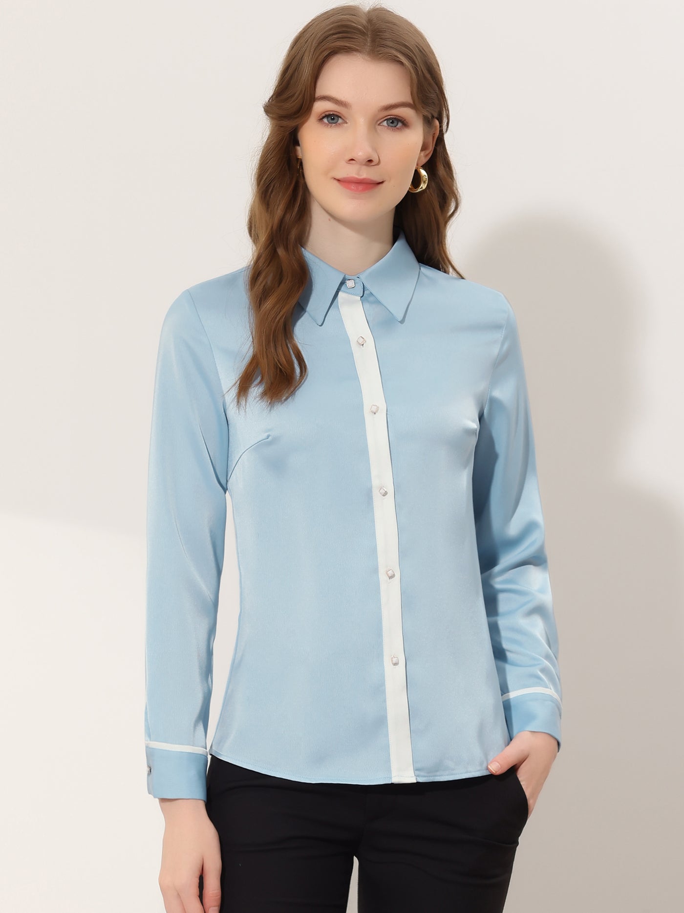 Allegra K Work Office Long Sleeve Contrast Trim Button Up Satin Blouse Shirt