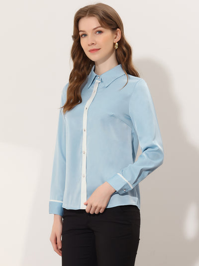 Work Office Long Sleeve Contrast Trim Button Up Satin Blouse Shirt