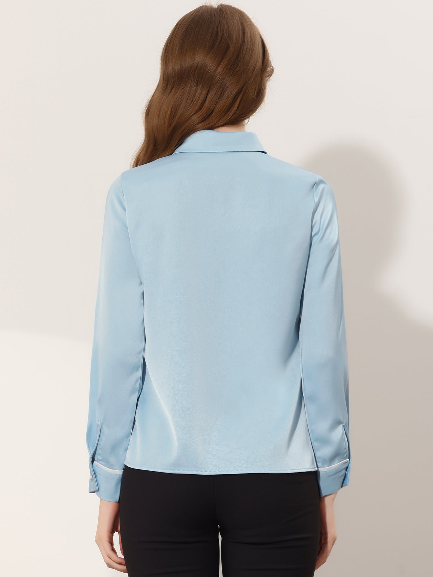 Allegra K Work Office Long Sleeve Contrast Trim Button Up Satin Blouse Shirt
