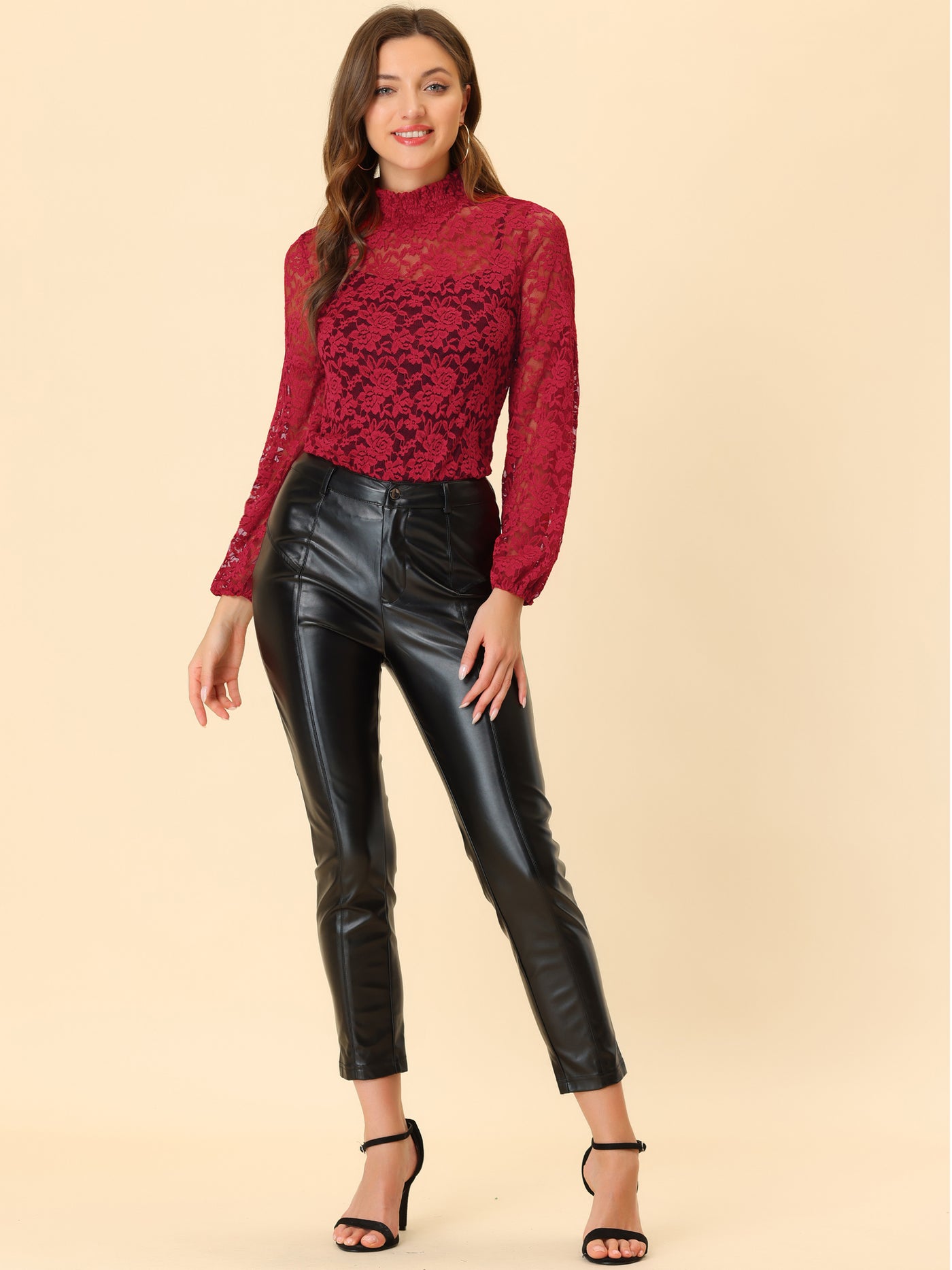 Allegra K Floral Lace Top Turtleneck Puff Long Sleeve See Through Sheer Blouse