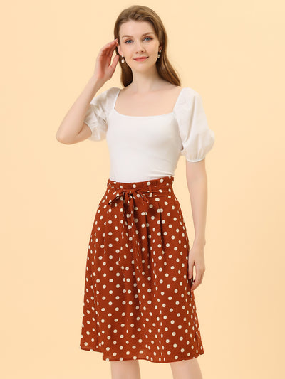 Vintage Belted Elastic High Waist A-Line Printed Midi Skirt