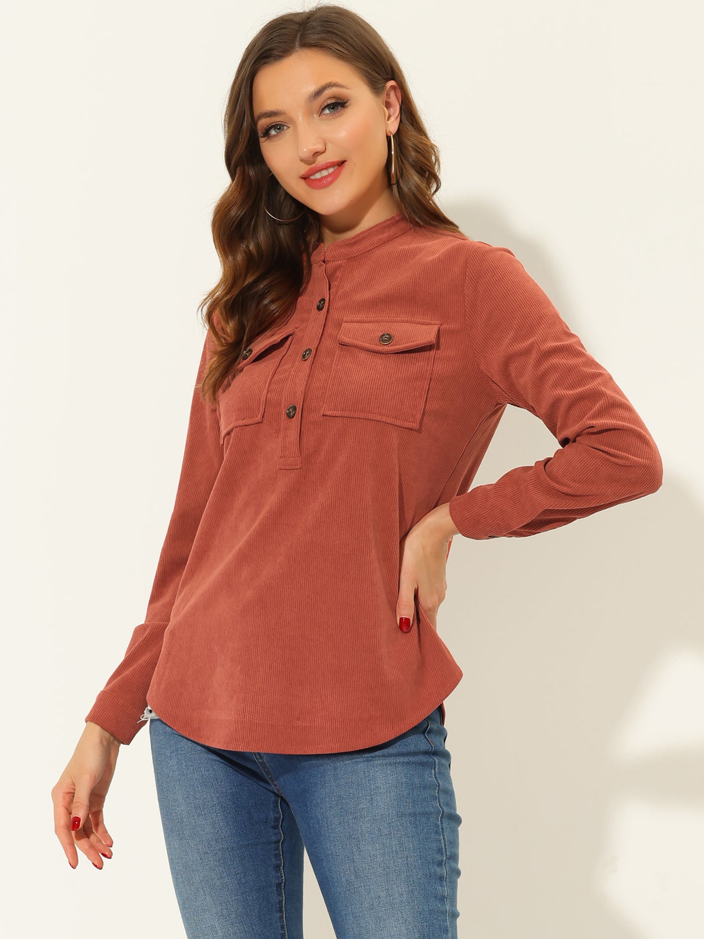 Allegra K Long Sleeve Button Front Pockets Casual Corduroy Blouse