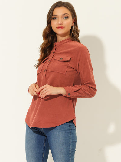Long Sleeve Button Front Pockets Casual Corduroy Blouse