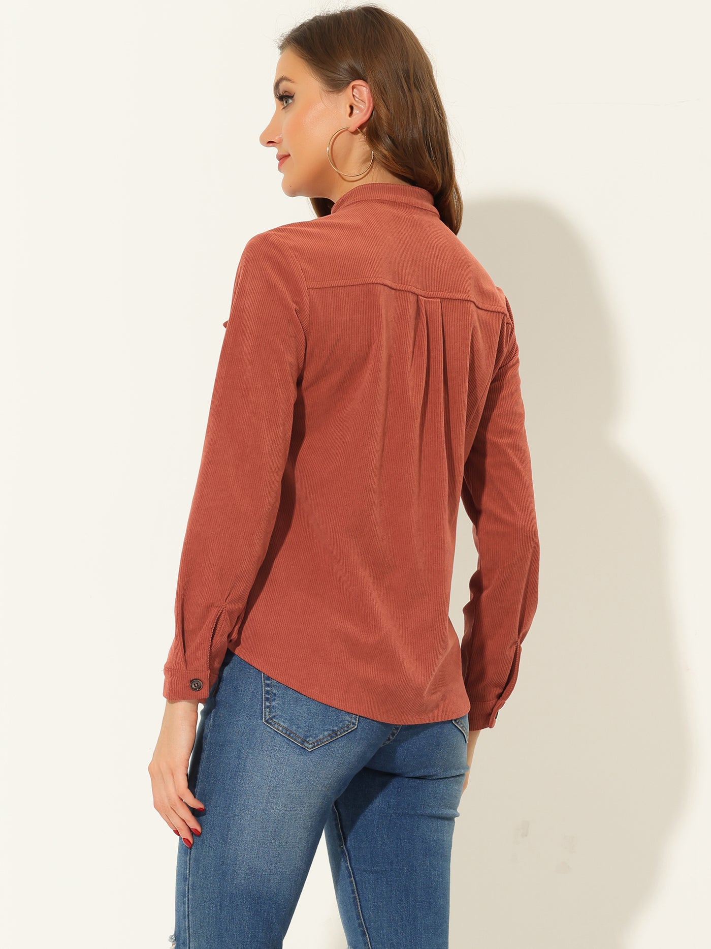 Allegra K Long Sleeve Button Front Pockets Casual Corduroy Blouse