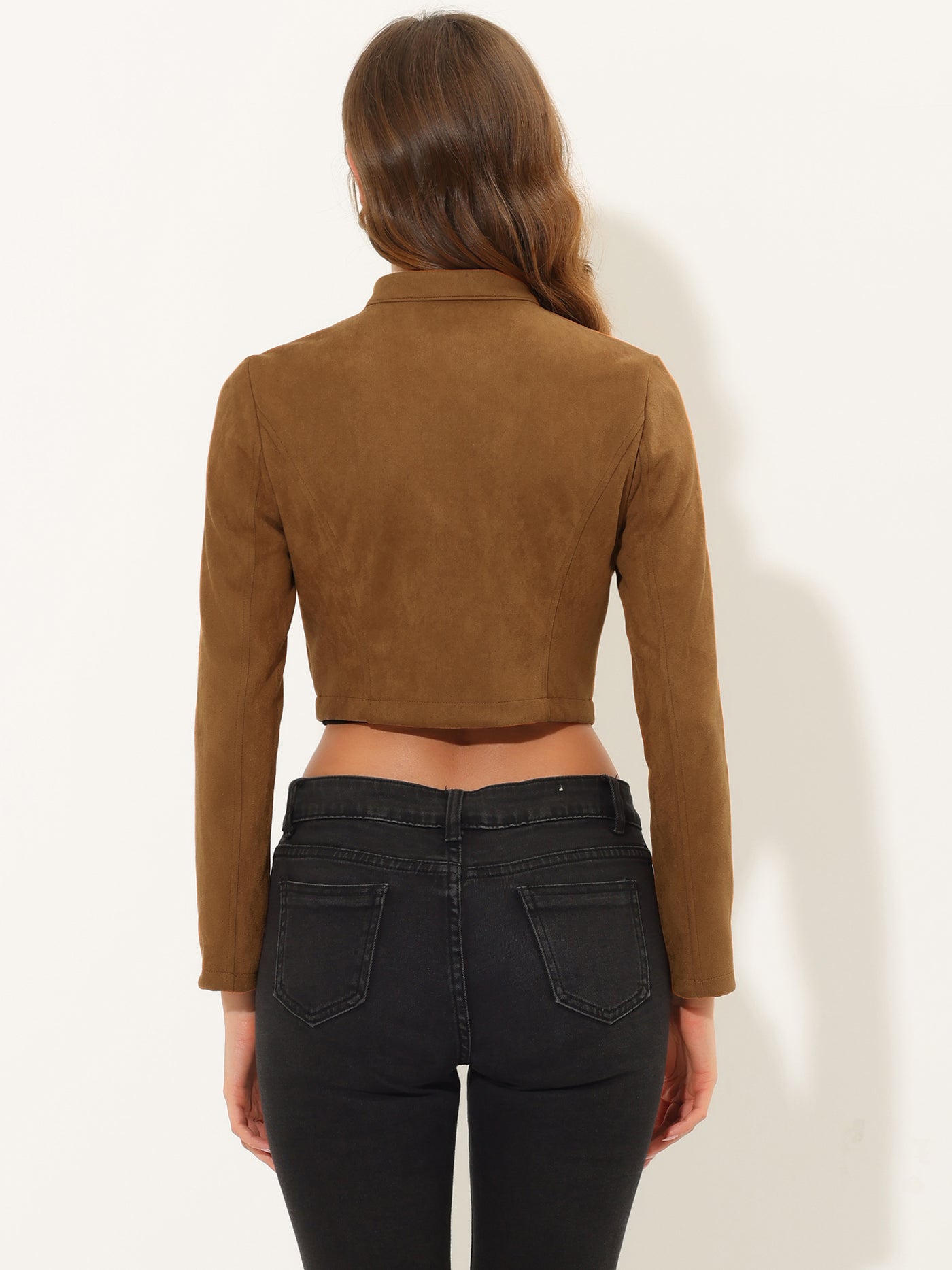 Allegra K Cropped Long Sleeve Double Breasted Zip Up Faux Suede Jacket