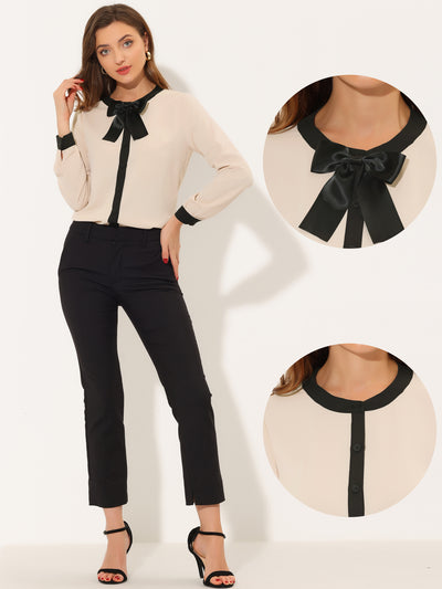 Long Sleeve Bow Neck Contrast Casual Work Button Down Shirt