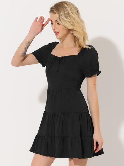 Cute Flowy Ruffle Short Sleeve Tiered Square Tie Neck Dress