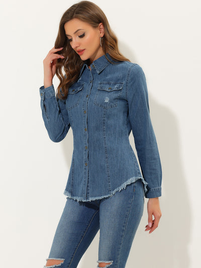 Jeans Blouse Long Sleeve Button Down Distressed Frayed Denim Shirt