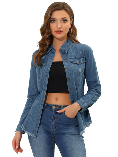 Jeans Blouse Long Sleeve Button Down Distressed Frayed Denim Shirt