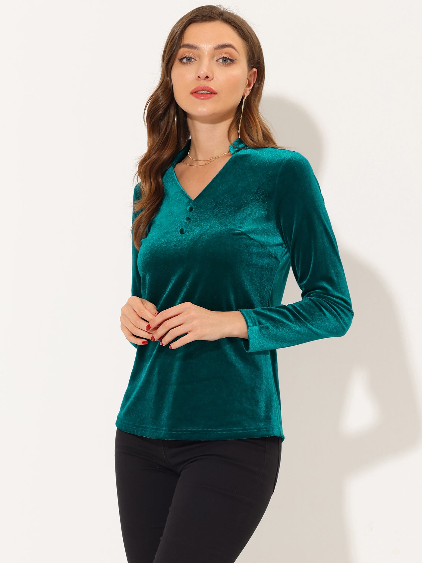 Allegra K Casual Velvet Top for Office Soft Long Sleeve V Neck T-Shirt
