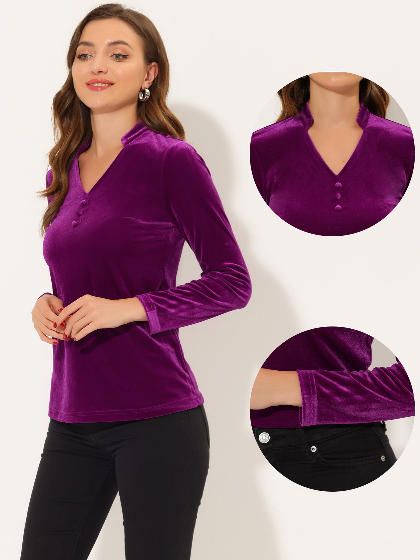 Allegra K Casual Velvet Top for Office Soft Long Sleeve V Neck T-Shirt