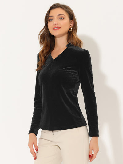 Casual Velvet Top for Office Soft Long Sleeve V Neck T-Shirt
