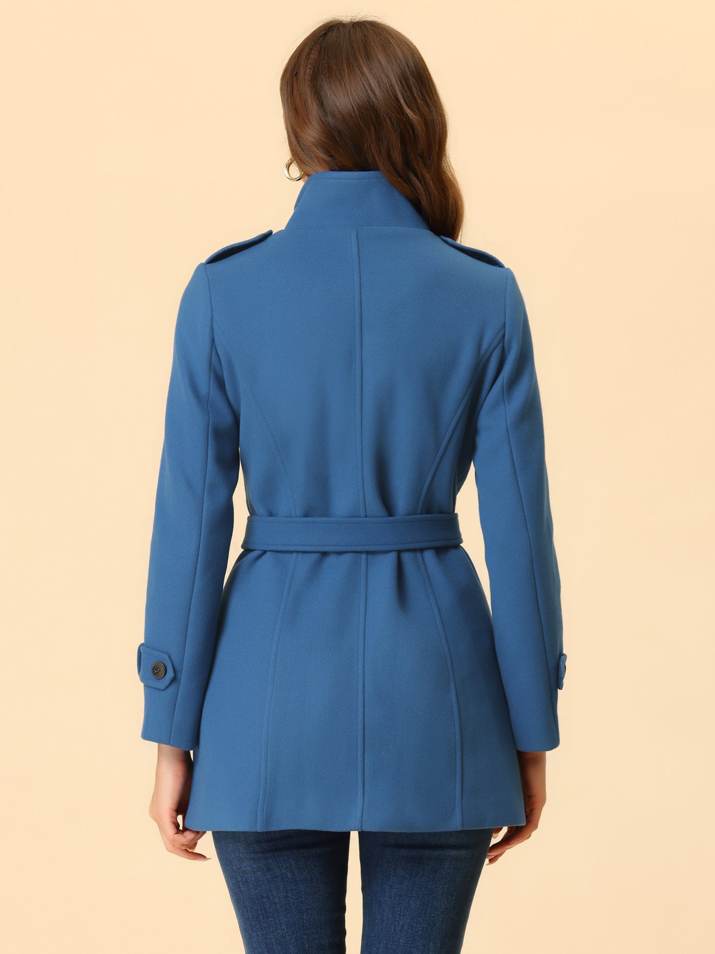 Allegra K Stand Collar Double Breasted Trendy Belted Winter Coat